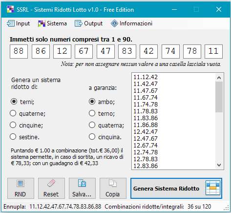 SSRL - Sviluppo Sistemi Ridotti Lotto - Sistema ridotto generato