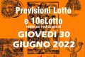 PREVISIONE LOTTO e 10eLotto n°77 di GIOVEDI 30 GIUGNO 2022